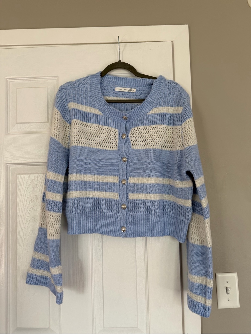 Altard State Pastel Blue White Knit Crochet Shell Button Down Cardigan